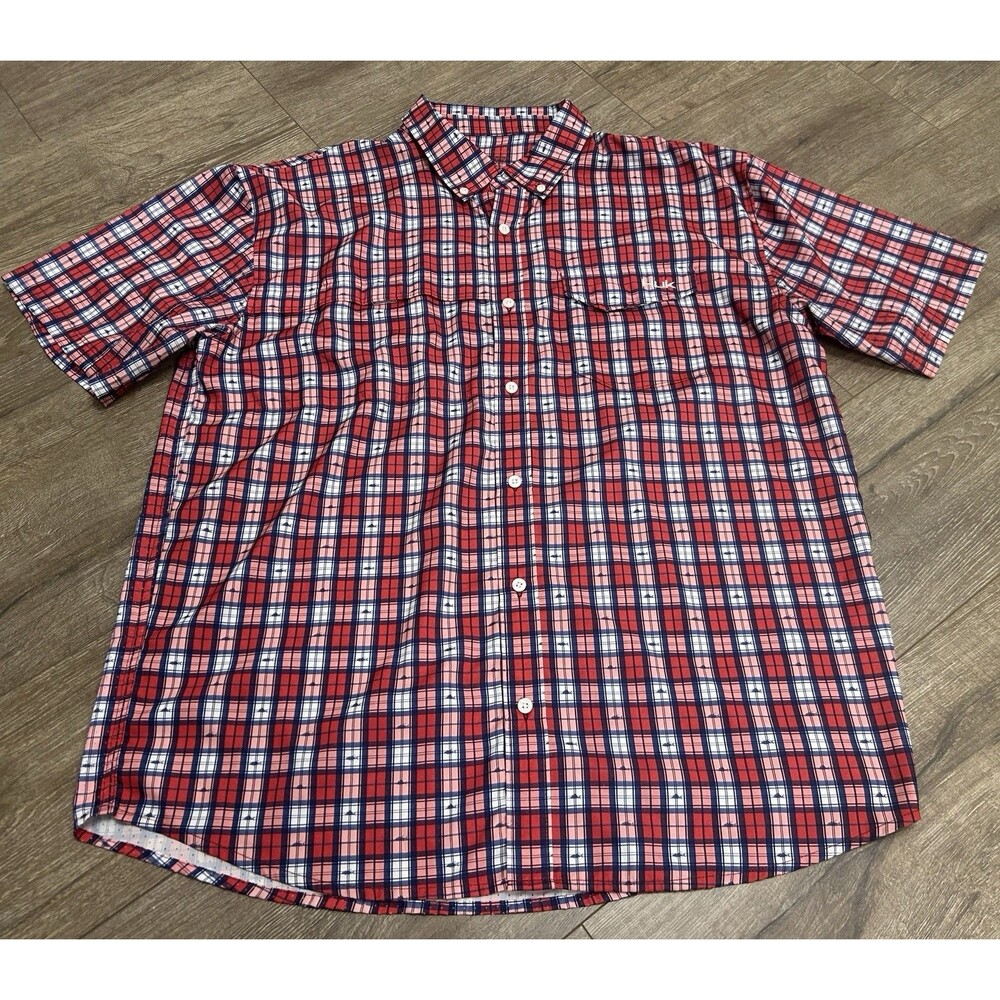 Huk Performance Fishing Shirt Mens XL Red Blue Plaid Marlin Print Button Up